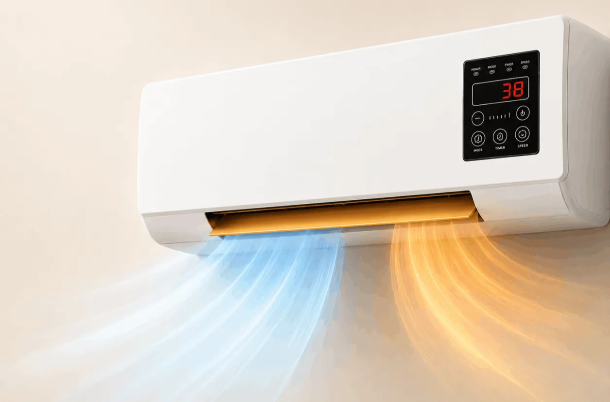 AERIOQ PTC ceramic heater unit highlighting fast heating, quiet fan, energy use, and remote control features