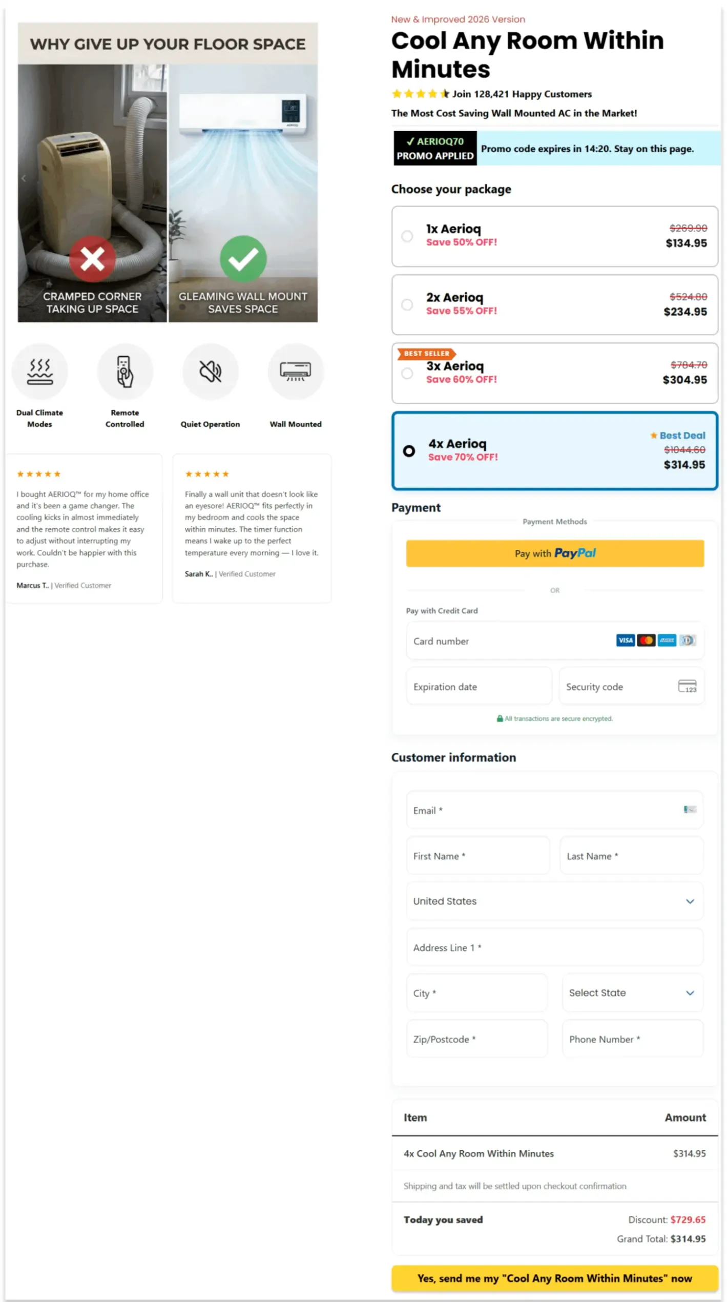 Screenshot of the vendor's checkout funnel page showing a countdown promo timer and a claim of 128,421 happy customers